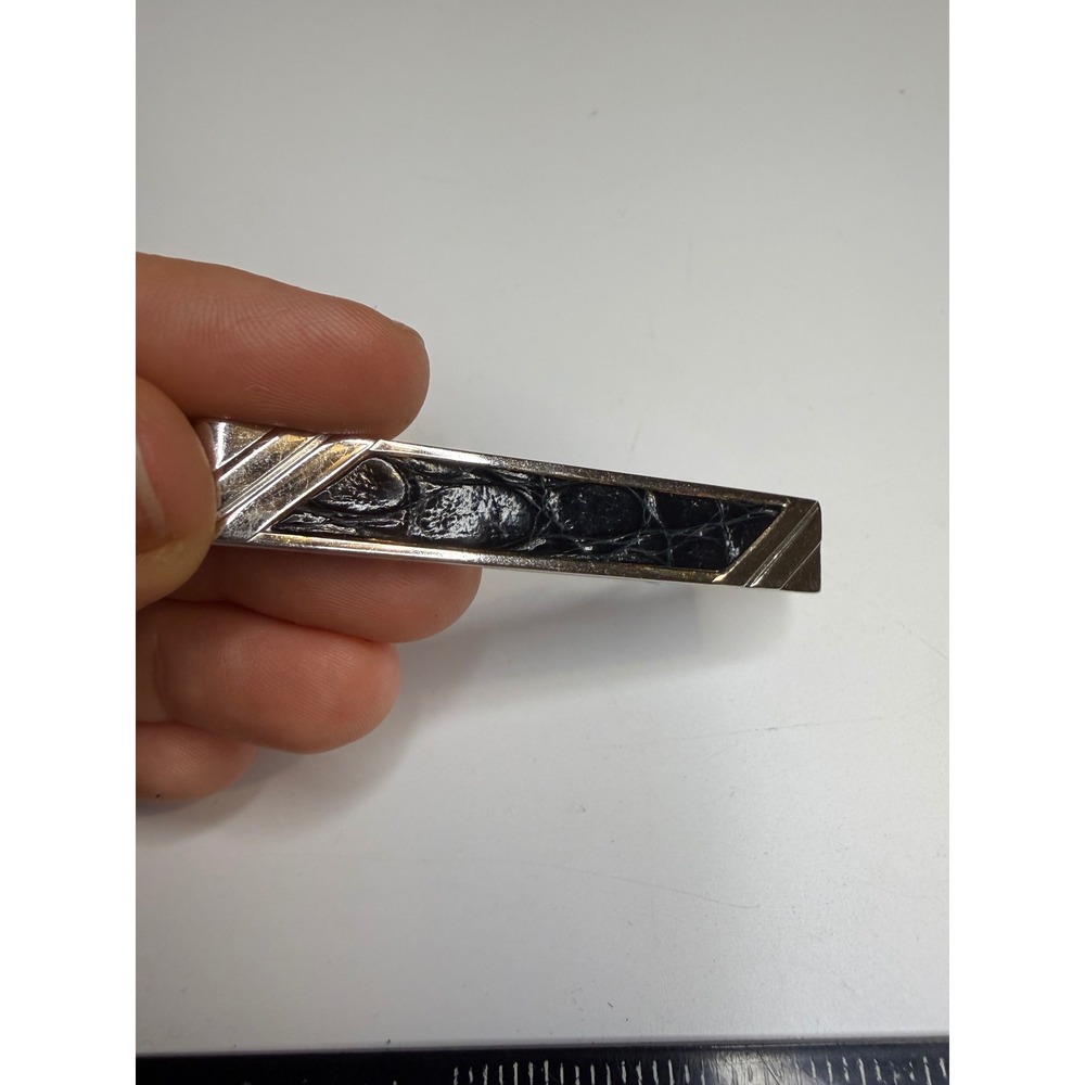 Anson Mens Tie Clip Silver Tone Black Alligator Leather Inlay Mid Century Modern